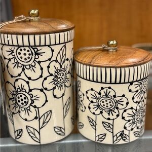 2 Floral Ceramic Canister Set with Wooden Lids